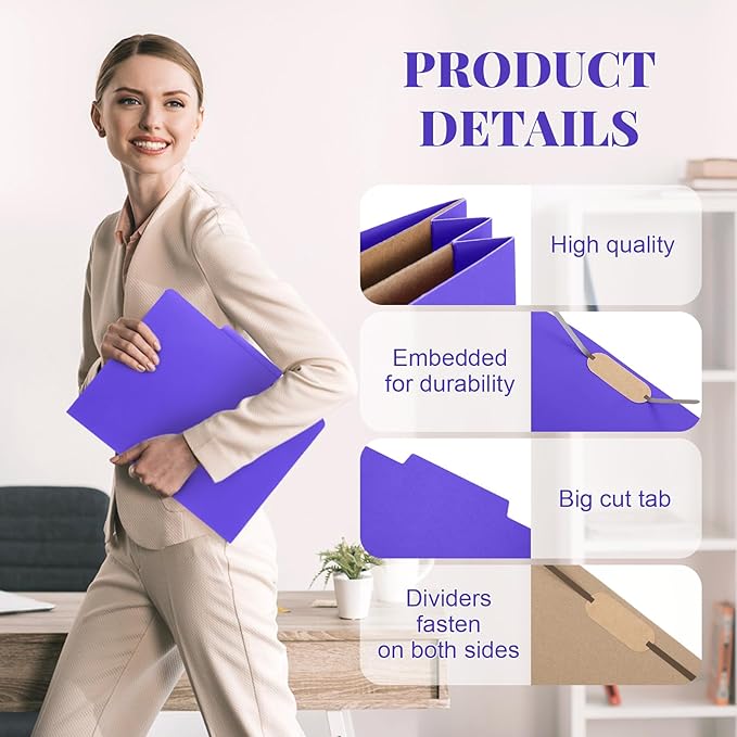 36 Pcs Classification Folders Letter Size, Back to School Supply for Teacher, Student, 2 Pocket Dividers Pressboard File Folder Bulk with 2 Fasteners, 2 in Expanding File Organizer (Purple)