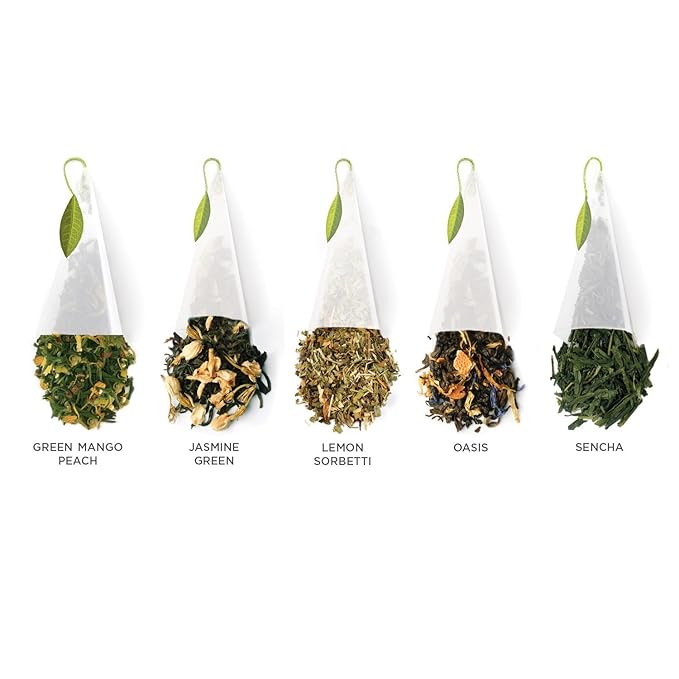 Tea Forte Assorted Green Tea Petite Presentation Box Tea Gift Set Sampler, 10 Count, 2 of Each Variety Individually Wrapped Handcrafted Pyramid Infuser Bags