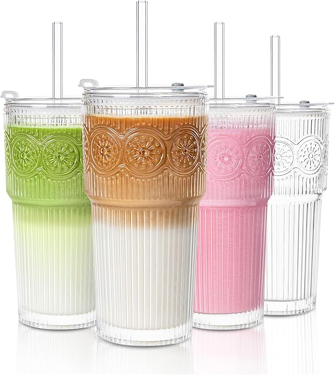 INSETLAN 20oz Ribbed & Floral Glass Tumblers with Lids and Glass Straws, Set of 4 – Iced Coffee Cups, Reusable Drinking Glasses for Water, Smoothies, Tea, and Juice – Perfect for Travel & Daily Use