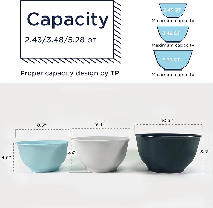 TP Large Mixing Bowl Set with Lids, Melamine Nesting Bowls Set for Pasta Baking Salad Mixing, Set of 3, Blue and White