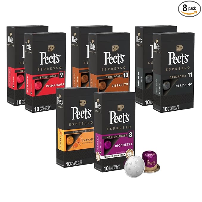 Peet's Coffee, Dark Roast Espresso Capsules Variety Pack, Compatible with Nespresso Original Machine - Intensity 8-11, 80 Count (8 Boxes of 10 Espresso Capsules)
