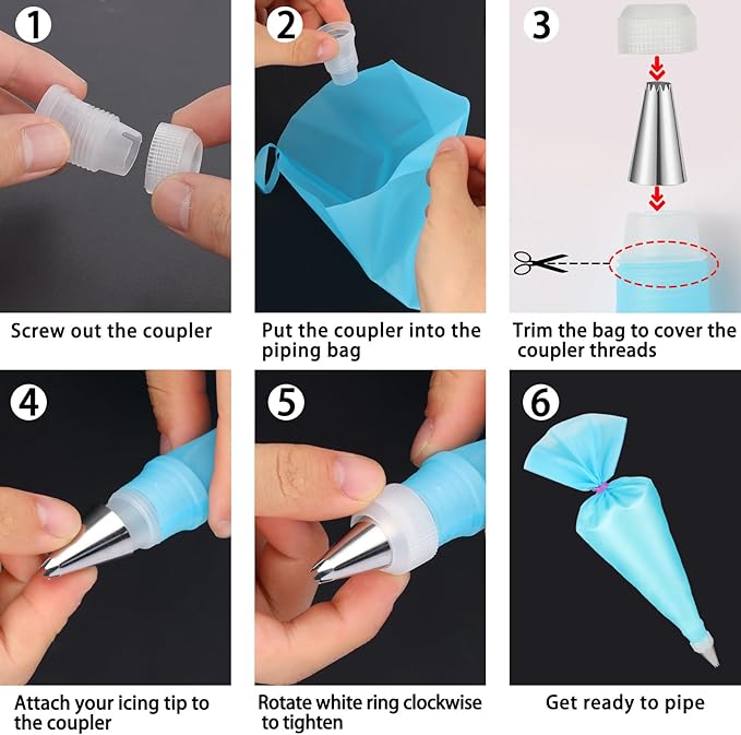 Piping Bags and Tips Set, Reusable Cake Decorating Kit with 6 Icing Tips, 2 Reusable Pastry Bags, 2 Converters, 2 Bag Ties, 3 Scrapers, Beginner-Friendly Baking Supplies for Cupcakes, Cookies