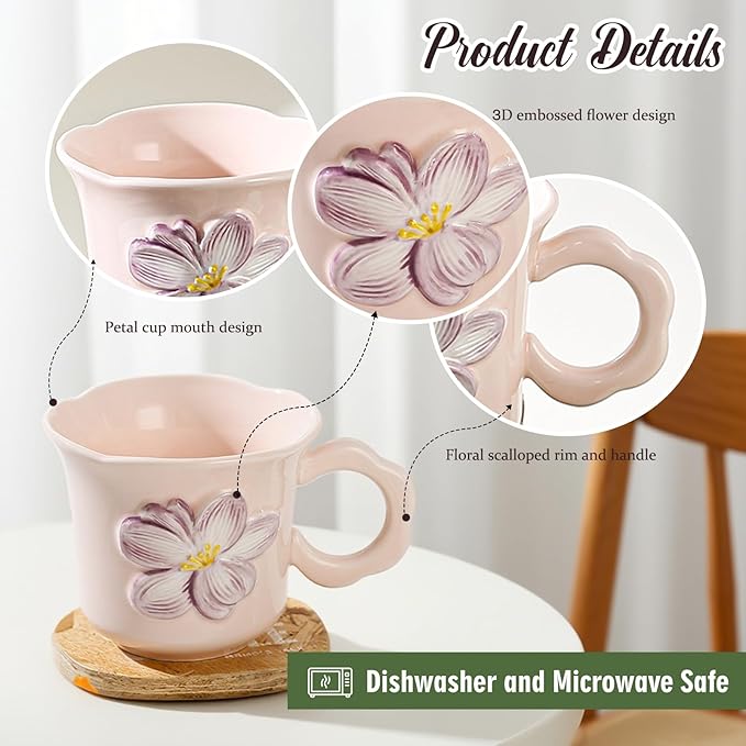 Cute Floral Coffee Mug Set of 4-12oz Ceramic Flower Embossed Cups with Petal Handles, Dishwasher and Microwave Safe