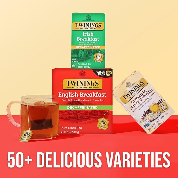 Twinings Decaffeinated Irish Breakfast Black Tea Individually Wrapped Bags, 20 Count (Pack of 6), Flavourful, Robust, Enjoy Hot or Iced, 120 Teabags