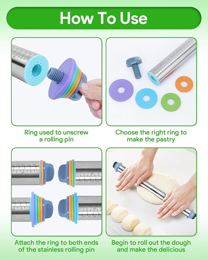 Adjustable Rolling Pin with Thickness Rings for Baking, Adjustable Stainless Steel Designs Dough Roller Pins for Cookie Decorating & Dough Pizza Pie Adjustable Long Rolling Pin 23.6 Inch