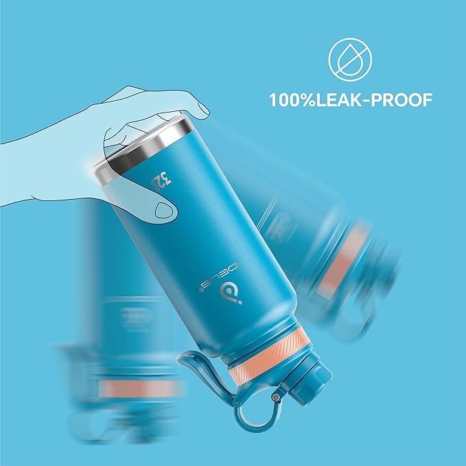 IDEUS Insulated Stainless Steel Water Bottle with 2 Leak-Proof Lids, Thermal Water Flask for Hiking Biking, 32oz, Blue Atoll