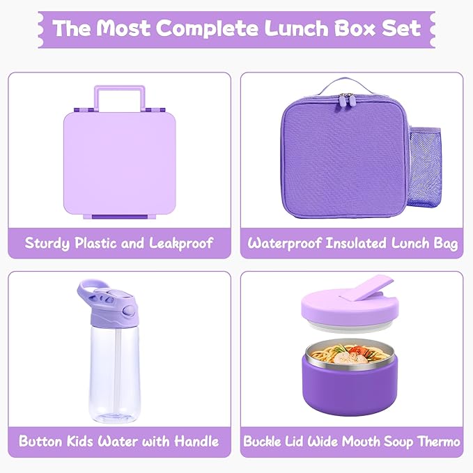 Kids Bento Lunch Box with 8oz Soup Thermo, Water Bottle, Kids Leakproof Lunch Food Containers with 4 Compartment, Insulated Hot Food Jar with Lunch Bag for School, Trvael (Purple)