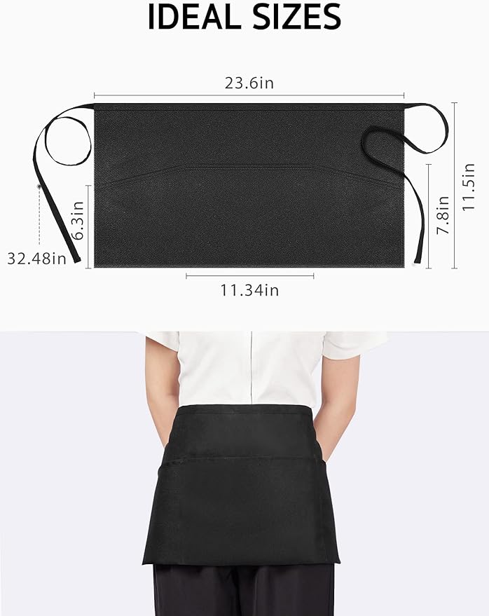 Syntus 1 Pack Server Aprons with 3 Pockets, Waterdrop Resistant Waitress Waiter Waist Apron, 11.5-inch Black