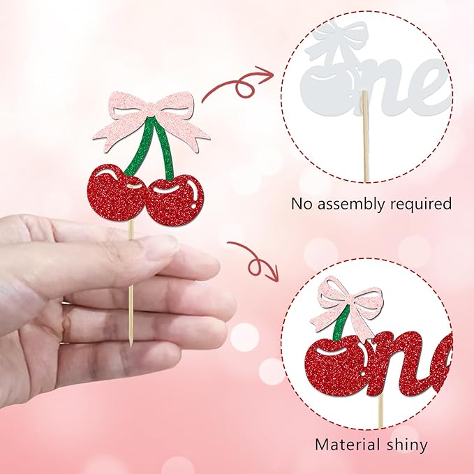 24 Pack Cherry 1st Birthday Cupcake Toppers, Glitter Cherry First Birthday Cake Pick for Fruits Theme One Birthday Party Cake Decorations Supplies (One)