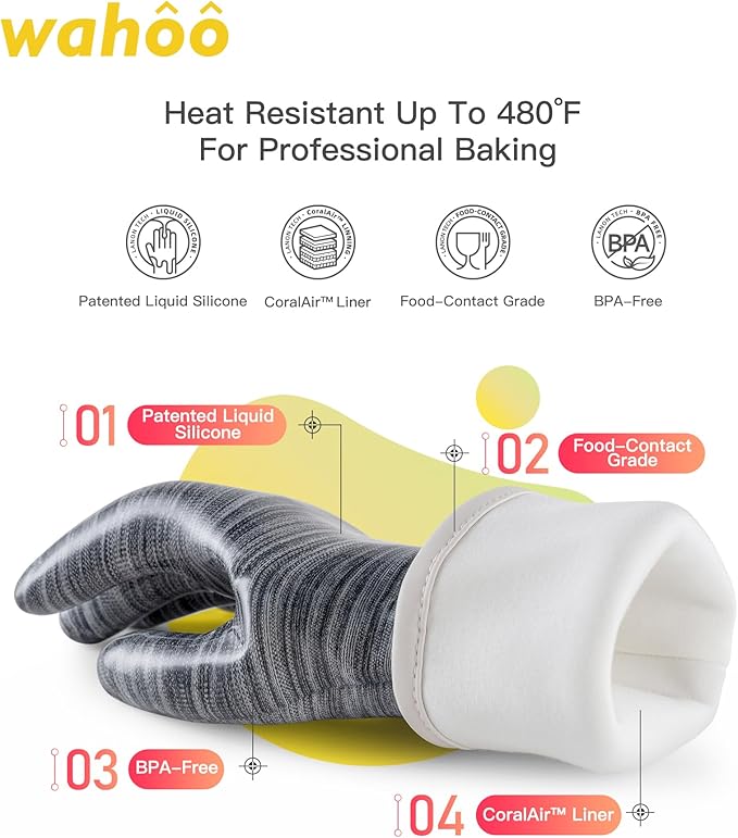 wahoo Liquid Silicone Smoker Oven Gloves, Food-Contact Grade, Heat Resistant Gloves for Cooking, Grilling, Baking, Grey, XL