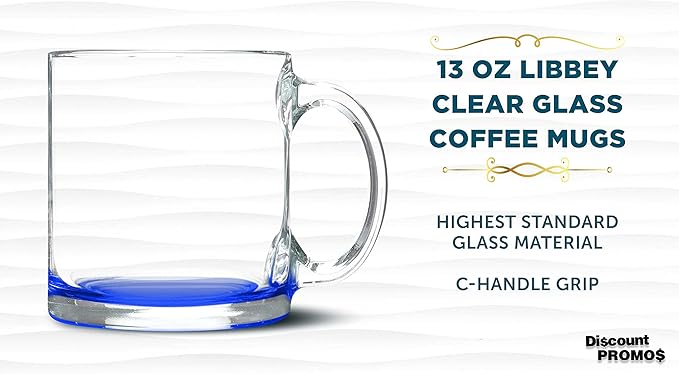 Libbey Clear Glass Coffee Mugs 13 oz. Set of 10, Bulk Pack - Perfect for Coffee, Tea, Espresso, Hot Cocoa, Other Beverages - Blue Bottom