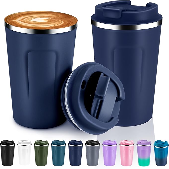 Volhoply 12 oz Double Wall Insulated Vacuum Travel Coffee Mugs with Flip Lid Bulk 2 Pack,Reusable Stainless Steel Leak Proof Coffee Cup,Portable Cafe Thermal Tumbler for Hot & Cold Drinks(Navy,2 Set)