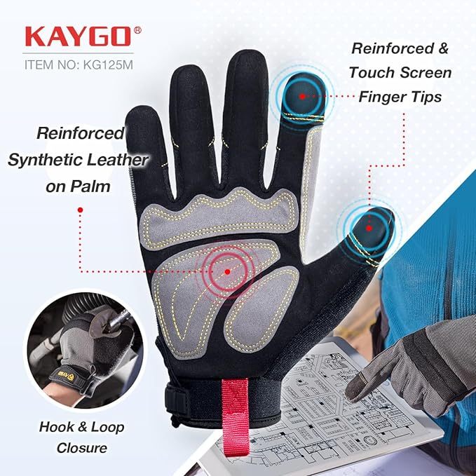 KAYGO Work Gloves For Men, KG125M Mechanic Utility Work Gloves for All Purpose, Excellent Grip, Heavy Duty, Improved Dexterity, Touch Screen,Large,3 Pair