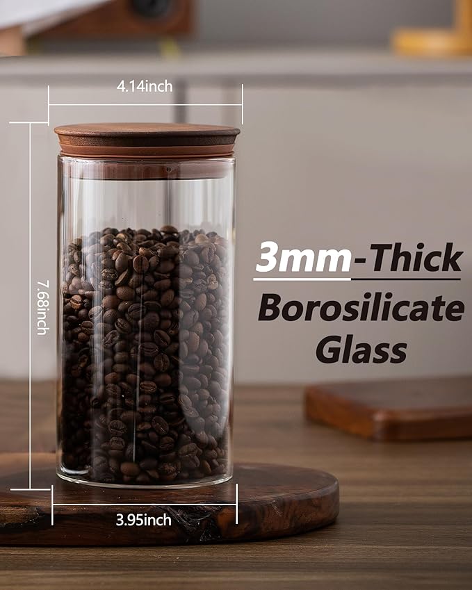 37 oz Coffee Canister with Scoop and Wooden Lids, Airtight Storage Container Sets of 2 for Ground Coffee & Beans, Glass Jars for Coffee Bar Organizer, Kitchen Countertop