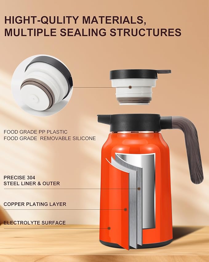 51 Oz Carafes for Hot Liquid, Stainless Steel Insulated Vacuum Thermal Coffee Carafes For Keeping Hot, 1.5 Liter Coffee Dispenser(Orange)