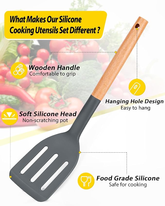 Pack of 4 Silicone Cooking Utensils Set, Non Stick Solid Spatulas and Heat Resistant Slotted Spoons with Wooden Handle, Ideal Wood Kitchen Utensils Set for Frying,Serving,Turning,Stirring (GRAY)