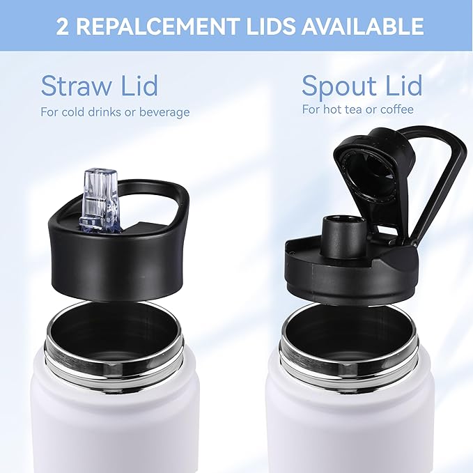 HASLE OUTFITTERS Insulated Water Bottle 22 oz Double Wall Stainless Steel Water Bottle Wide Mouth with Straw Lid & Spout Lid Keeps Cold or Hot(White,1)