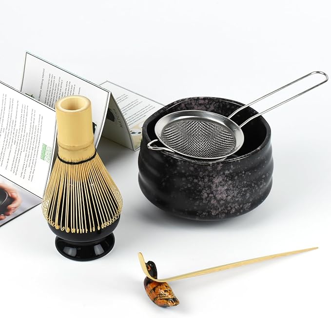 Artcome Matcha Ceremony Kit for Japanese Tea Ceremony, Traditional Matcha Bowl, Whisk, Tea Scoop, Matcha Powder Strainer, Matcha Tea Set For Making Usucha, Koicha and Matcha Latte (Black)