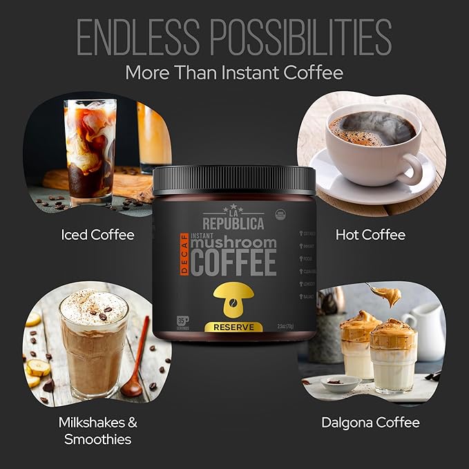 La Republica Founders Reserve Decaf Instant Mushroom Coffee Organic (35 Servings), Premium 50% More Shrooms, Rich Flavor