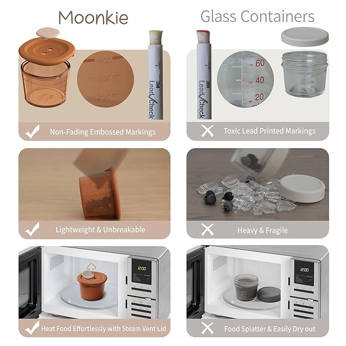 Moonkie Silicone Baby Food Containers | 8oz/4 oz Baby Food Storage Jars with Airtight Lids and A Snack Cup Lid | Freezer,Microwave and Dishwasher Safe, Reusable Baby Food Jars for Infant & Toddler