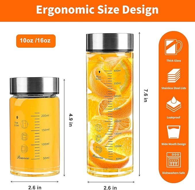 Glass Juice Bottles 4 Pack 10 oz - Wide Mouth Glass Water Bottles with Lids - for Juicing, Protein, Smoothie, Milk, Reusable, BPA Free, Stainless Steel Lids, Blender, Shaker Bottle (10oz/300ml)