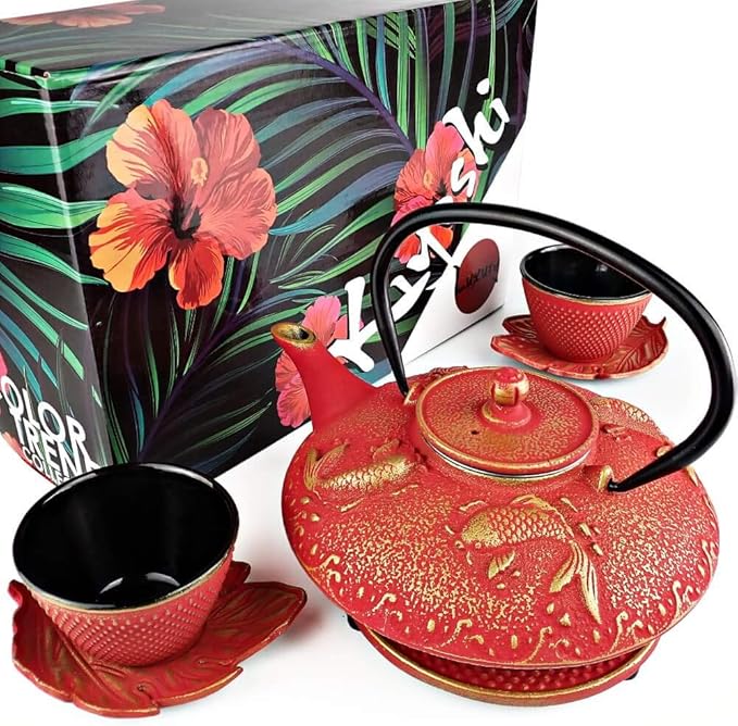 7PC Japanese Tea Set."Red Koi" Cast Iron Tea Pot with 2 Tea Cups, 2 Saucers, Tea Infuser and Teapot Trivet. Ceremonial Matcha Accessories