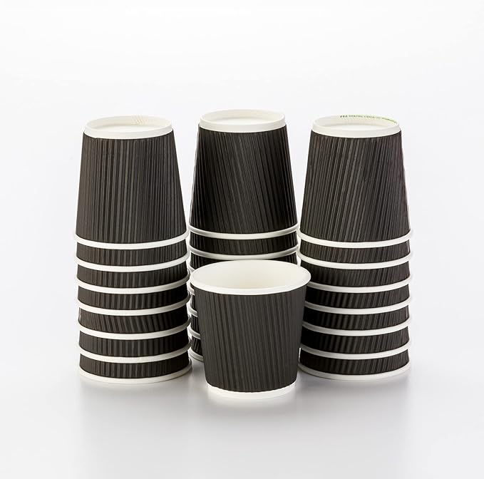 500-CT Disposable Black 4-OZ Hot Beverage Cups with Ripple Wall Design: No Need for Sleeves - Perfect for Cafes - Eco-Friendly Recyclable Paper - Insulated - Wholesale Takeout Coffee Cup