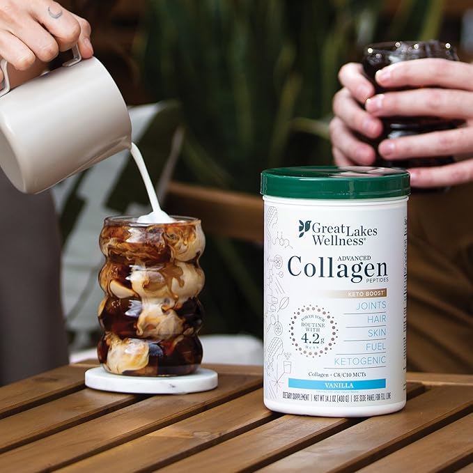 Great Lakes Wellness Keto Boost Advanced Collagen Peptides Powder with 4.2g MCTs - Vanilla Flavored - Nutritiously-Rich Non-Dairy Coffee Creamer or Smoothie Alt - Non-GMO, Kosher - 14.1 oz