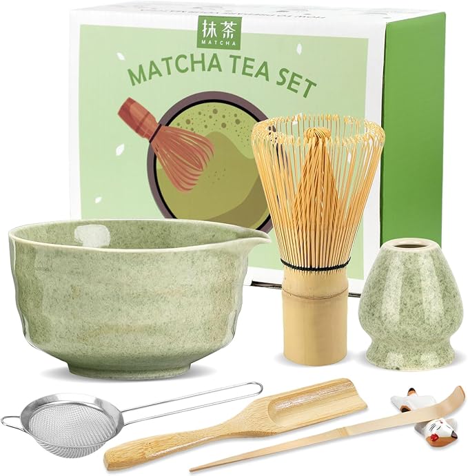 HengLiSam 7 Pcs Matcha Whisk Set, Matcha Set with Ceramic Bowl, Whisk, Whisk Holder, Bamboo Scoop, Sifter, Spoon and Holder, Matcha Kit for Matcha Lover (Matcha Green)