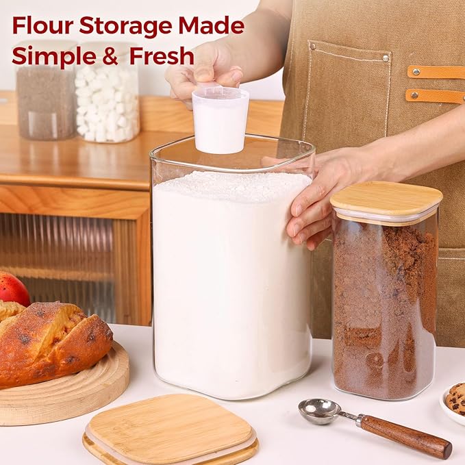 Glass Flour and Sugar Containers, Square Glass Containers with Bamboo Lids, Gallon Jars with Bamboo Lids for Cookies, Coffee Beans （2 pack 1.6/4.6 qt）