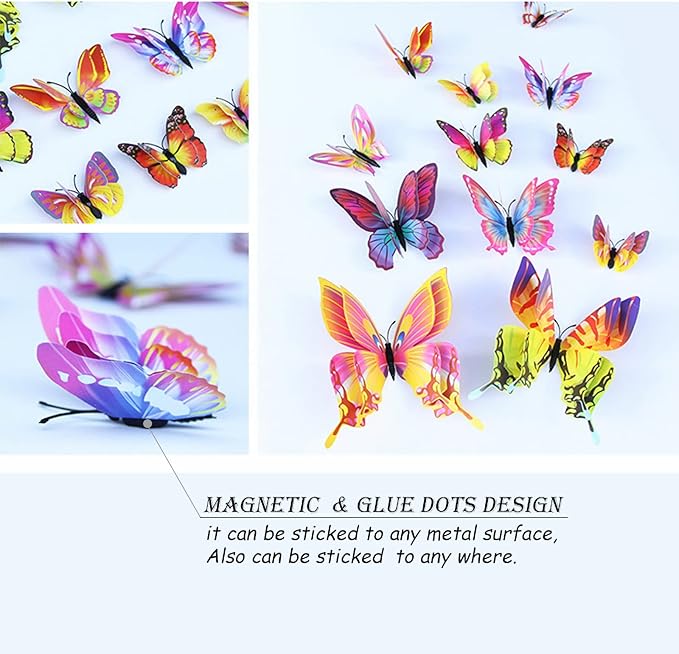 Butterfly Wall Decor 24/48 PCS, 3D Butterflies Stickers for Party Decorations with Magnets(Multiple Colour, 24)