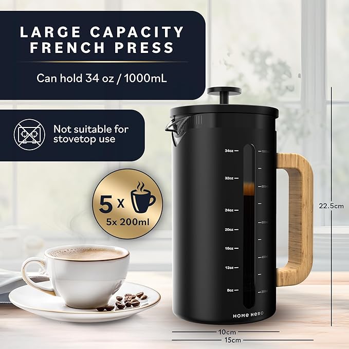 Home Hero French Press Coffee Maker - 34 oz Coffee Press with Bamboo Wood Handle, Heat Resistant Thick Borosilicate Glass French Presses, 4 Layer Filter, French Press Stainless Steel (Black)
