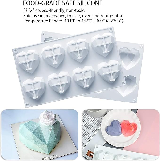 2 Pack Diamond Heart Silicone Mold, 8 Cavities & 6 Cavities Non-stick Easy Release Heart Shaped Silicone Mold Tray for Mousse Cake Dessert, Candy, Chocolate Mold