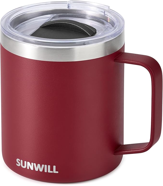 SUNWILL Travel Coffee Mug with Lid, Insulated Tumbler with Handle, 14 oz Stainless Steel Cup for Ice, Water, Tea, Powder Coated Wine Red
