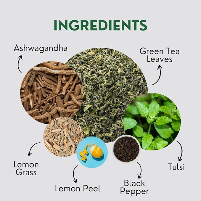Tulsi Ashwagandha Green Tea Bags (50 Count), Green Tea with Tulsi, Ashwagandha, Lemongrass and Black Pepper, Caffeinated, Real and Natural Green Tea, Blended with Fresh Herbs and Spices, Gluten Free
