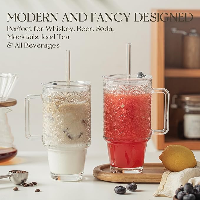 KEMORELA 2 Pack 24oz Glass Tumbler with Straw and Lid - Iced Coffee Cups with Handle, Reusable Smoothie Cup for Cold Drinks, Begonia Pattern, Dishwasher Safe
