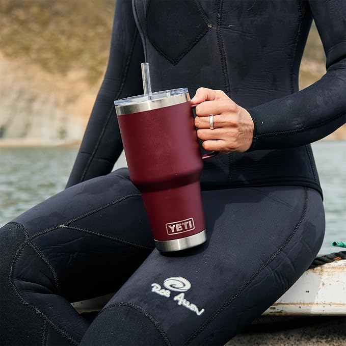 YETI Rambler 35 oz Tumbler with Handle and Straw Lid, Travel Mug Water Tumbler, Vacuum Insulated Cup with Handle, Stainless Steel, Wild Vine Red