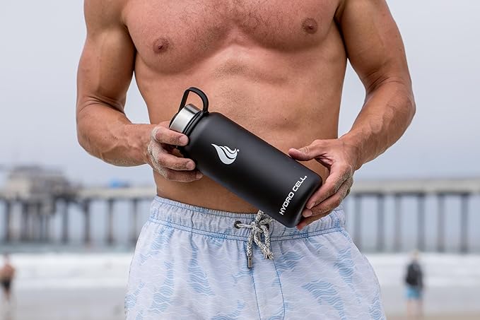 HYDRO CELL Stainless Steel Insulated Water Bottle with Straw - For Cold & Hot Drinks - Metal Vacuum Flask with Screw Cap and Modern Leakproof Sport Thermos for Adults (Black 32oz)