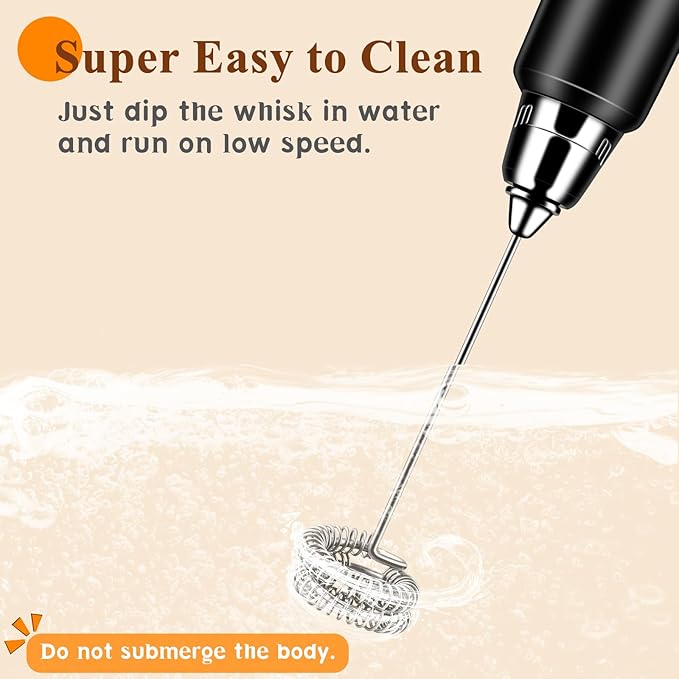Milk Frother Handheld Rechargeable, Frother Wand Drink Mixer Electric Whisk for Coffee, Detachable With 3 Stainless Whisks, Hand Mixer for Lattes, Cappuccino, Matcha, Egg, No Stand, Black