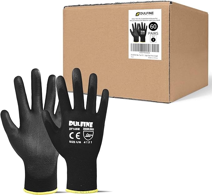 DULFINE Ultra-Thin PU Coated Work Gloves-60 Pairs,Excellent Grip,Nylon Shell Black Polyurethane Coated Safety Work Gloves, Knit Wrist Cuff,Ideal for Light Duty Work. (Extra Large)