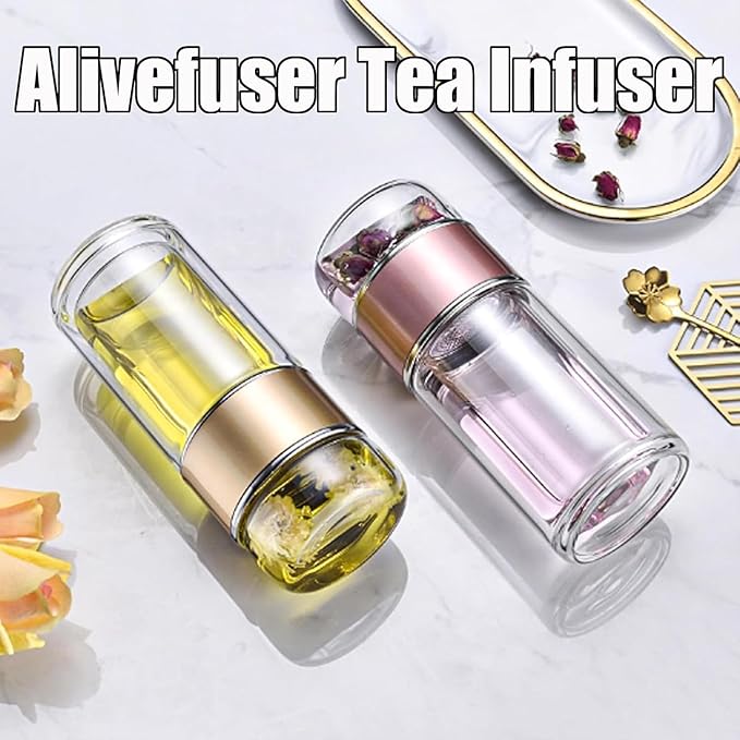 Tryteava Glass Infuser, Tryteava 3-in-1 Smart Tea Infuser, Portable Glass Double Wall Tea Infusers Bottle, with Stainless Steel Filter, Hot & Cold Brew, For Loose Leaf, Office Home (Pink, 420ml)