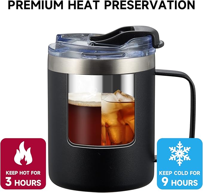 ALOUFEA 12oz Insulated Coffee Mug Cup with Handle, Stainless Steel Travel Coffee Mug with Flip Lid, Double Wall Vacuum Coffee Tumbler, Red