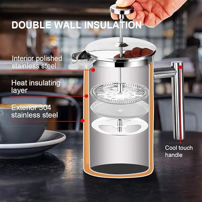 French Press Coffee Maker 3-Level Filtration Double-Walled 6MM Vacuum Insulated Keep Hot 2 Hours for Travel 32oz Polished Stainless Steel