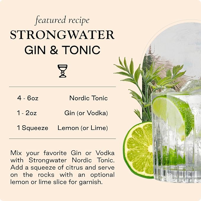 Strongwater Sparkling Nordic Tonic Water - 12 Pack Cans (8.4 Fl Oz Each) - Premium Mixer Made with Quinine, Rocky Mountain Water & Botanicals - Real Cane Sugar, No Artificial Flavors