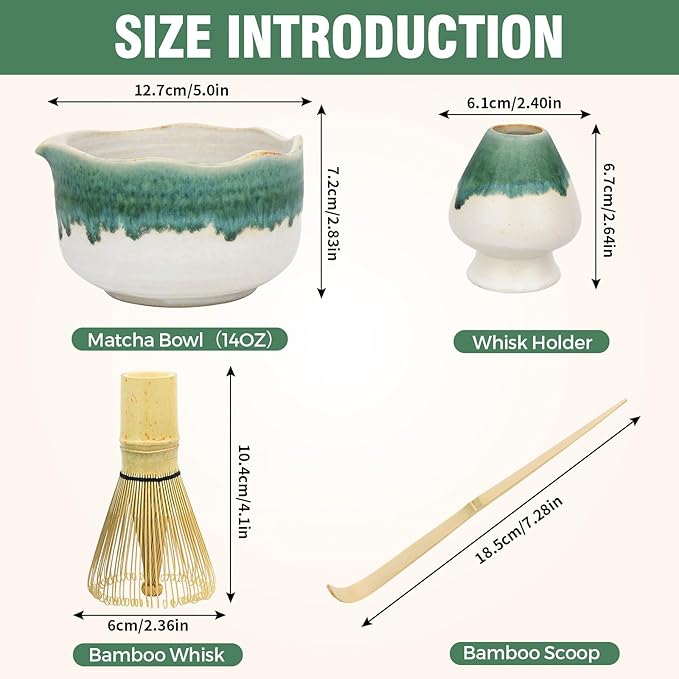 Pottery Matcha Set - Japanese Handcrafted Matcha Tea Bowl Mineral Glaze Bowl with Spout, Bamboo Whisk, Scoop & Chasen Holder | 4pc Tea Ceremony Kit for Matcha Lovers (Snowy Jade)