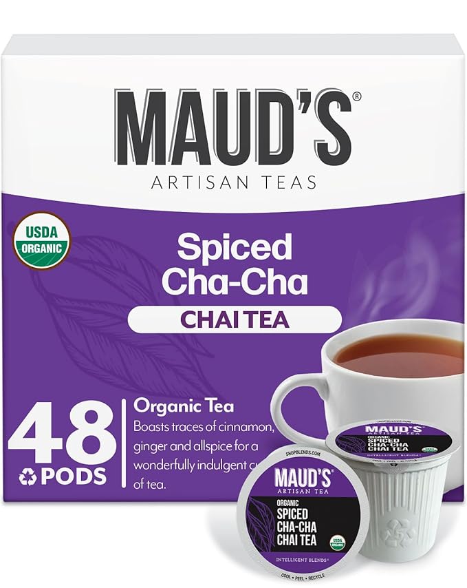 Maud's Organic Chai Tea Pods, 48 ct, Recyclable Single Serve Tea Pods – 100% Gourmet Blended Tea Leaves, Compatible with Keurig K Cups Maker
