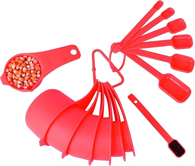 Red Measuring Cups and Spoons Set 15, 7 Plastic Measuring Cup Set, 7 Spice Long Handle Measuring Spoons with 1 Leveler for Kitchen and Baking, Dry Metric Measure Cups & Spoons Set