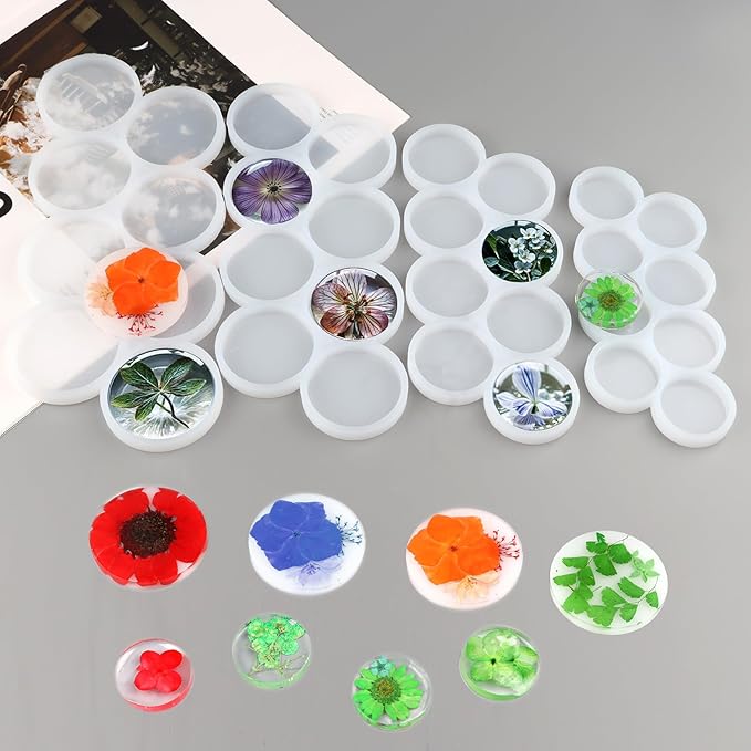 4Pcs Set 32-Cavity Resin Circle Molds, Flat Round Keychain Silicone Mold, Magnet Mold, Earrings Mold, Pendant Silicone Mold for Resin(2in, 1.75in, 1.5in, 1.25in)