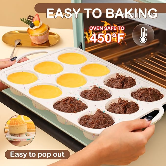 Silicone Muffin Pan, 12 Cups Muffin Tin Baking Mold With Reinforced Stainless Steel Frame Inside, Nonstick Bakeware Cupcake Pan BPA Free, 2PCS