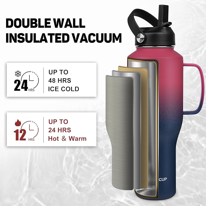 Water Bottle 40oz, Insulated Tumblers with Handle & Straw Lid, Insulated Water Bottle Fits in Cup Holder, Double Wall BPA-Free, Stainless Steel Travel Cup Leak-proof to Keep Cold 24H&Hot12H